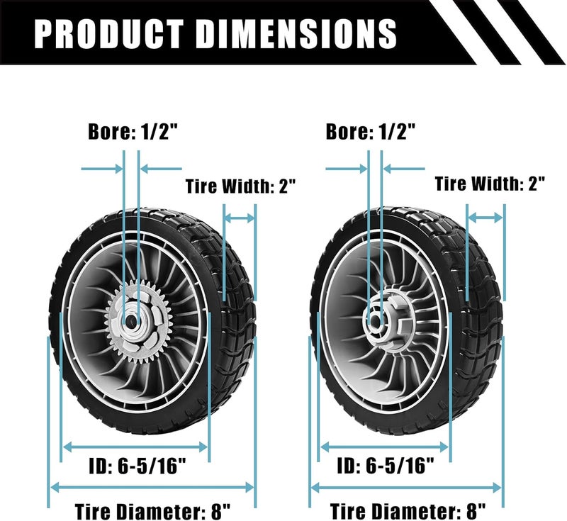 Sutmorly 4 Pack HRR216 8" Lawn Mower Drive Wheels 2 Rear Wheels 42710-VE2-M02ZE and 2 Front Wheels 44710-VL0-L02ZB Replace for Honda HRR216 HRS216 Walk Behind HRT216 Lawn Mower - Image 2